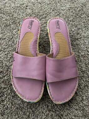 Born Lilac Leather Slide Sandals with Floral  Trim